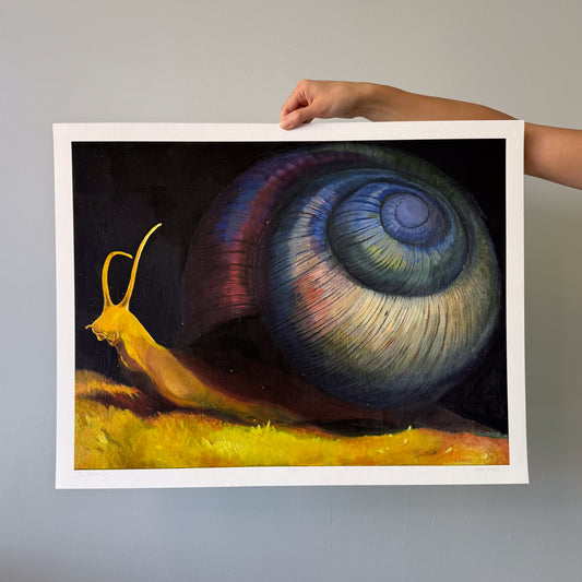 Painting featuring a large purple and yellow snail.