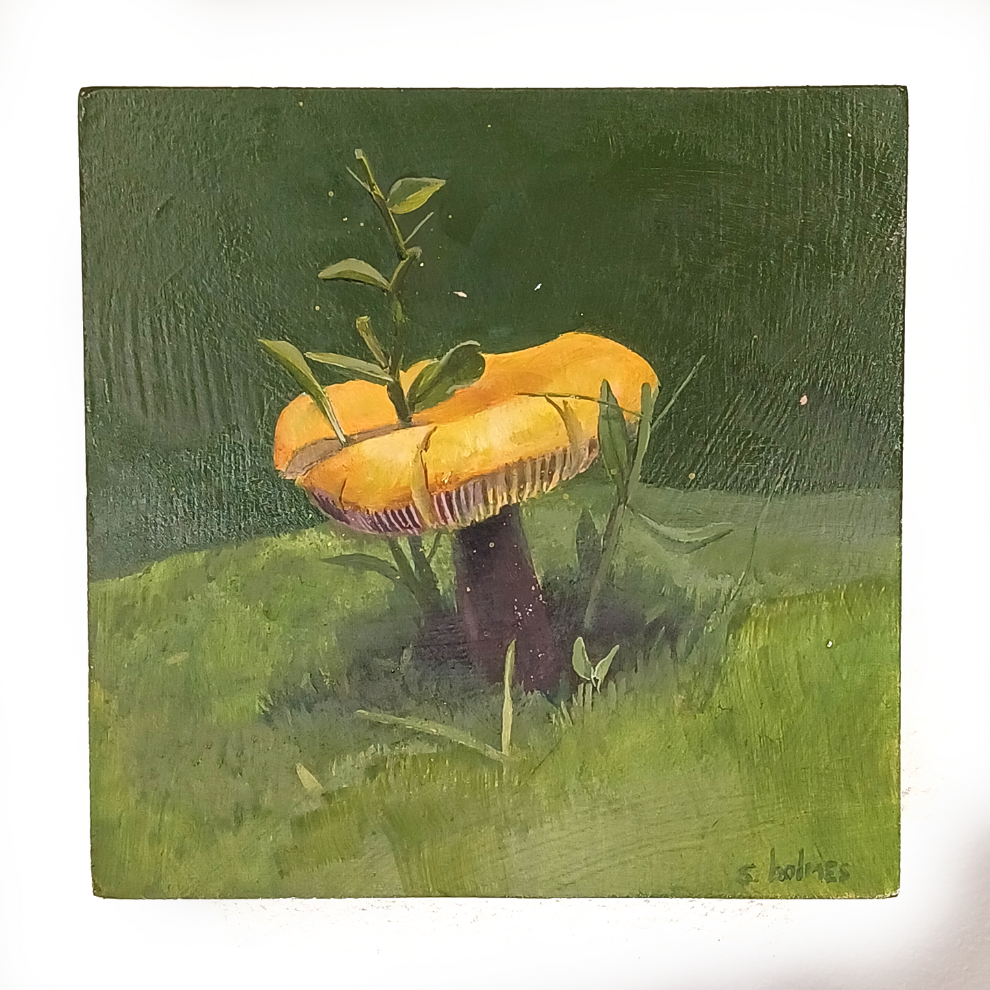 Golden Wax Cap Mushroom painting on wooden panel