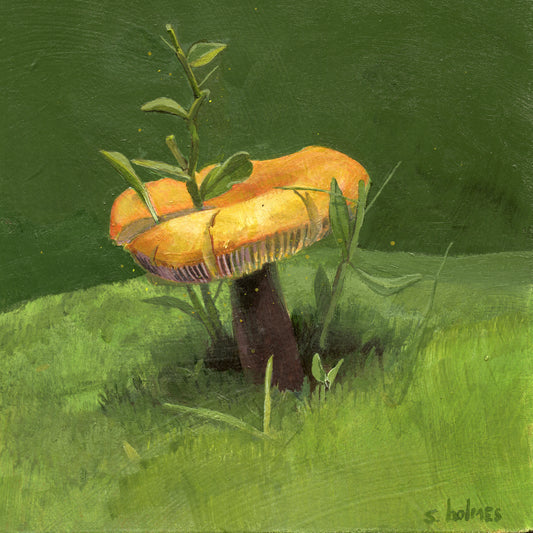 Golden Wax Cap Mushroom painting on wooden panel