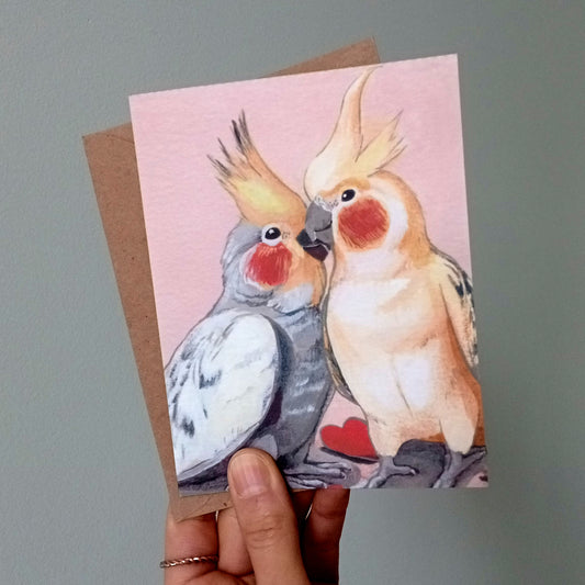 Cockatiels in Love 1 recycled greeting card + envelope