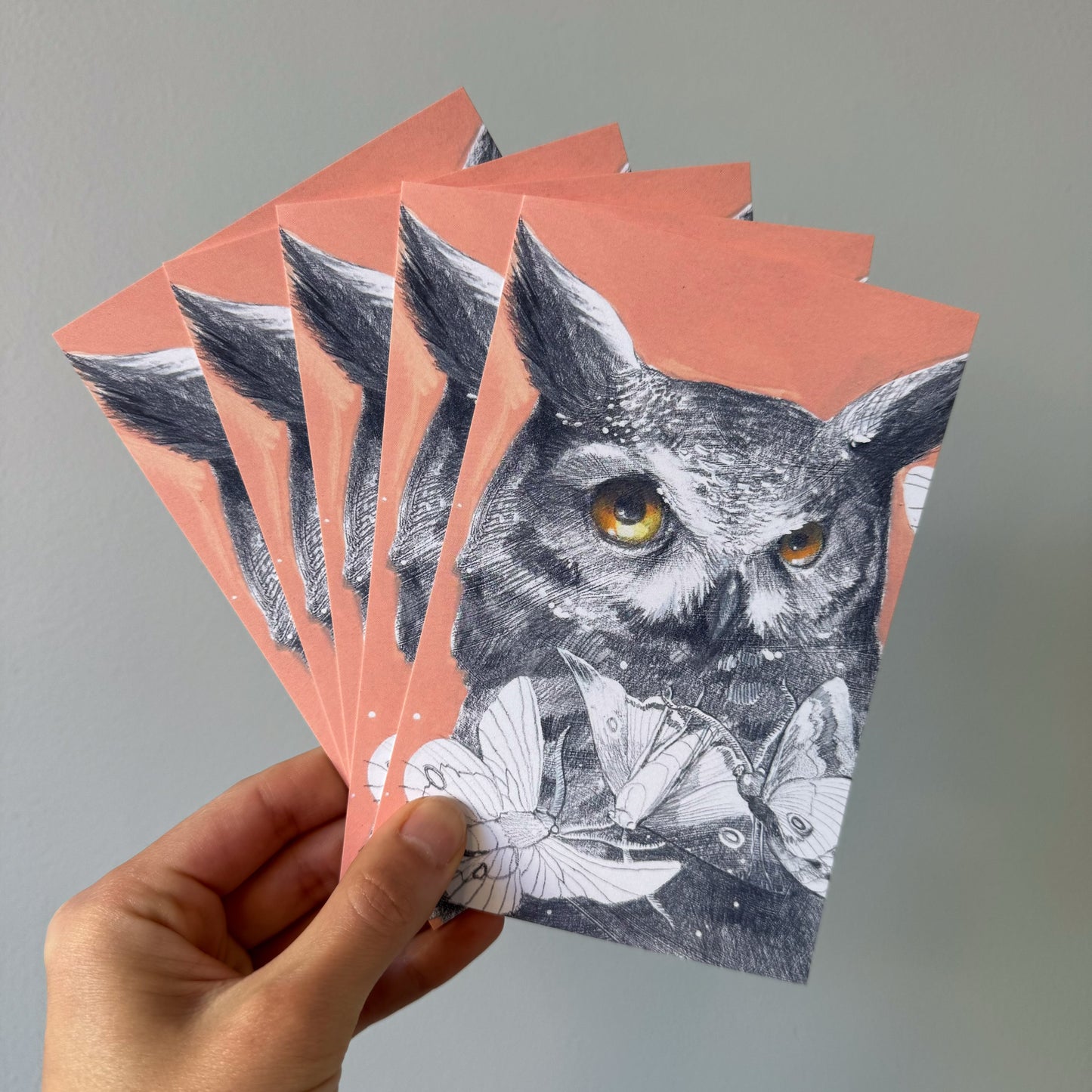 Dream Visitors: Owl and Moths 5 recycled art postcards set